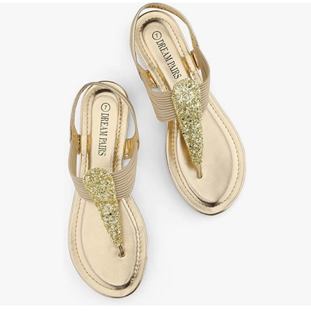 DREAM PAIRS Women's Summer Gladiator Elastic Strappy Thong Sandals Gold Size 8